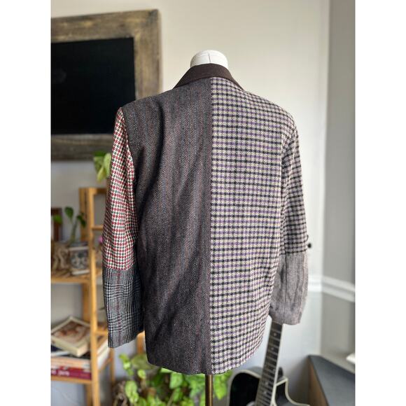 Vintage 90s Brown Plaid Patchwork Wool Blend Blazer Jacket Size Small - Picture 3 of 6